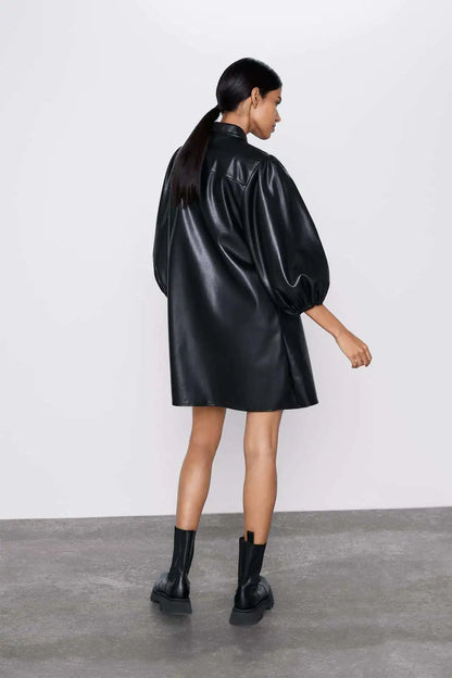 Women's PU Leather Long Sleeve Mini Dress with Buttons