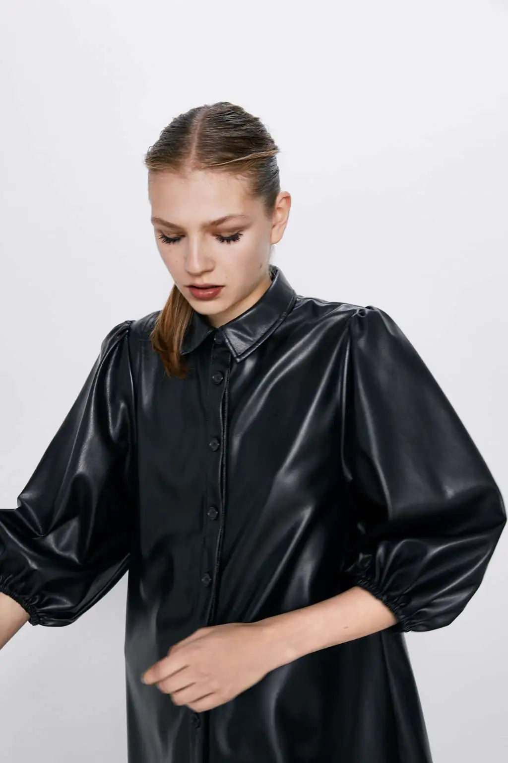 Women's PU Leather Long Sleeve Mini Dress with Buttons